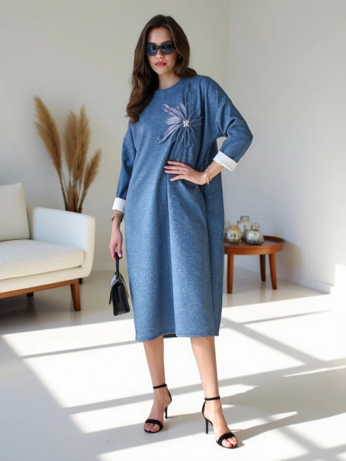 Royalfashion Жіноча мідийна сукня з тканини, оверсайз, з квіткою