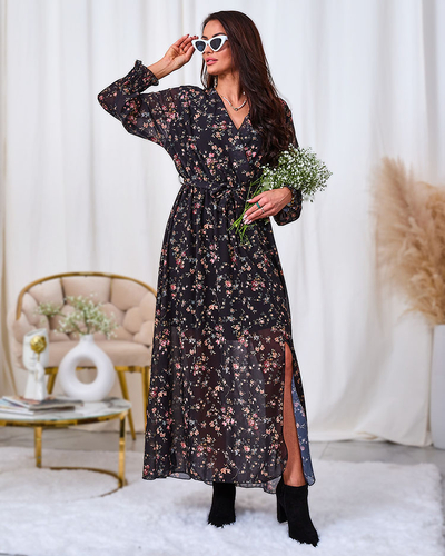 Royalfashion Schwarzes und rosafarbenes Midikleid aus Mesh mit Print