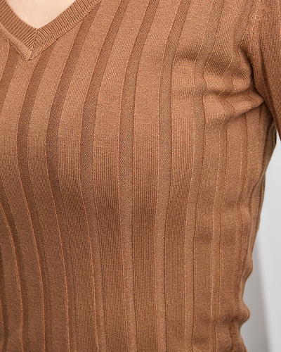 Brauner Damenpullover mit V-Ausschnitt - Kleidung