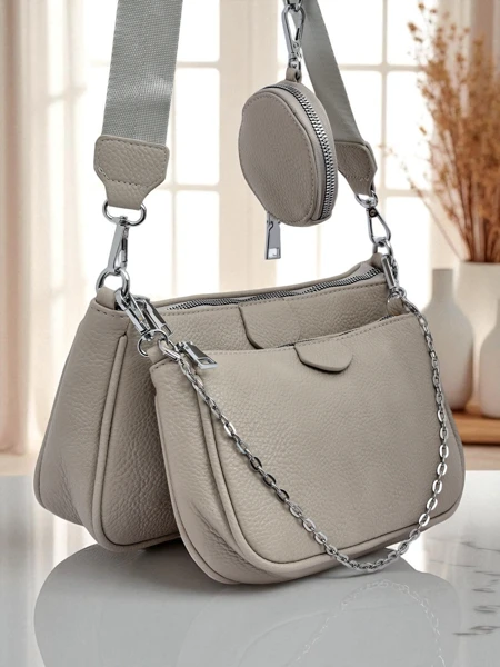 Damenhandtasche Arete MultiSet Öko-Leder taubengrau, 3in1 Eleganz