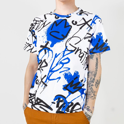 Weiß-blaues Baumwoll-Herren-T-Shirt mit Aufschriften - Kleidung