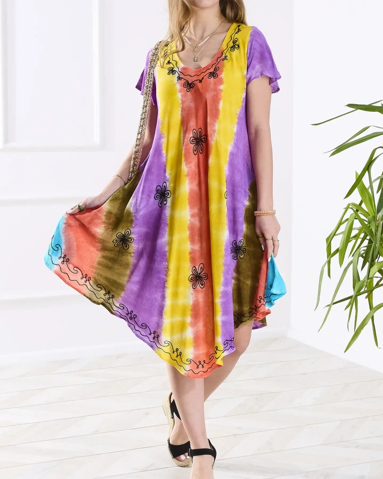 Gelbes und lilafarbenes Strandkleid für Damen mit Patches - Kleidung