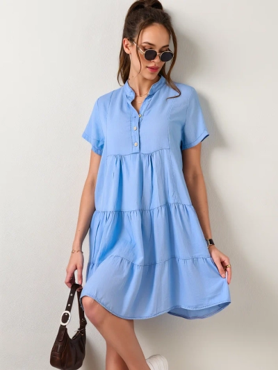 Royalfashion Damen-Tunika, genäht wie ein Kleid mit einem geknöpften Denim-Ausschnitt