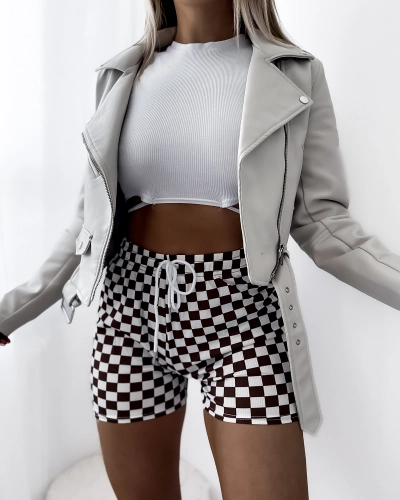 Braun-weiß karierte Shorts für Damen PLUS SIZE- Kleidung