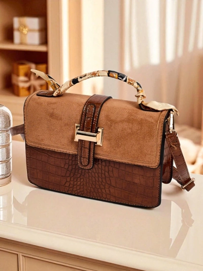 Damenhandtasche Sofia braun Wildleder und Öko-Krokodilleder mit Riemen
