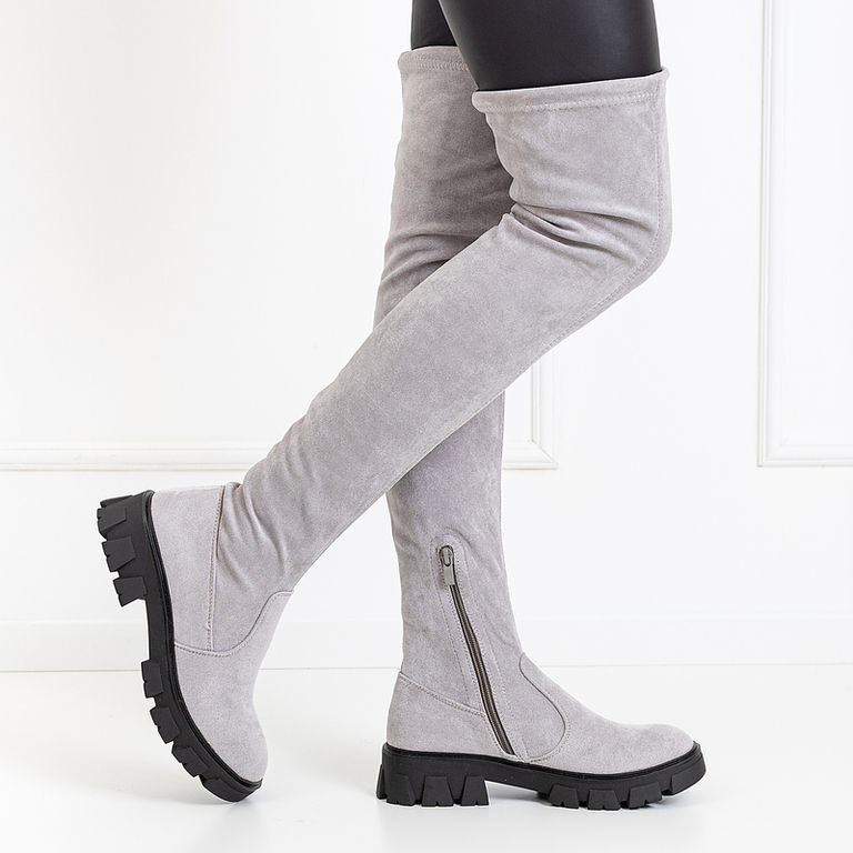 Stiefel Damen Graue Stiefel Overknee Knee Hellgraue Wildleder