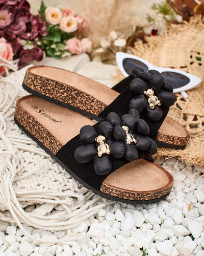 Royalfashion Damen Flip-Flops mit goldenen Teddybären und Blumen Isaralle