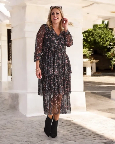 Royalfashion Schwarzes und rosafarbenes Midikleid aus Mesh mit Print