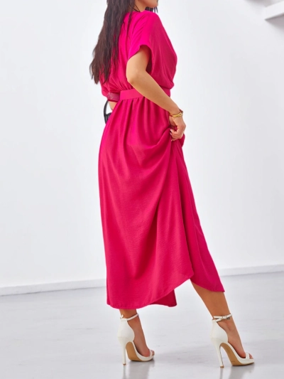 Royalfashion Damen-Midi-Kleid mit kurzen Ärmeln, V-Ausschnitt und mittigem Schlitz
