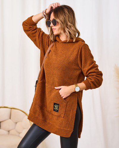 Royalfashion Camel langer Damenpullover mit Kapuze
