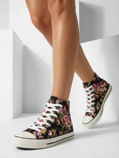 Damen Sneaker Flora Schwarz-Blumenmuster Stoff für den Sommer