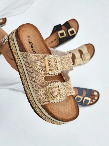 Royalfashion Damensandalen mit Strassschnallen GlamCork