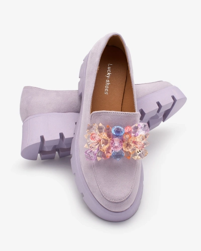 OUTLET Royalfashion Фіолетові жіночі мокасини з різнокольоровими кристалами Crystal Glam