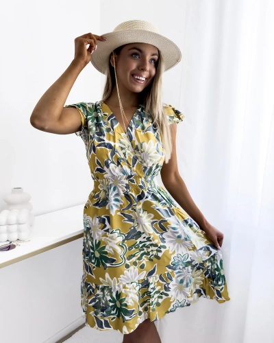 Senfgelbes Damen-Minikleid mit Blumendruck - Kleidung
