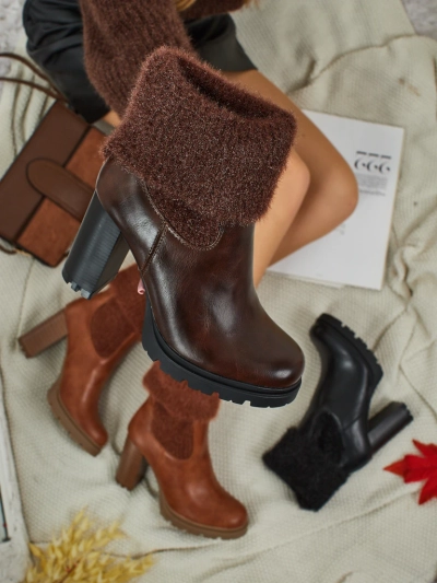 Damen Stiefeletten aus Öko-Leder mit Blockabsatz und Strick Tirave