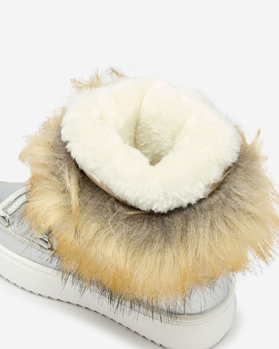Royalfashion Kinder Schlupfschuhe a'la Schneestiefel mit Fell in silber Asika