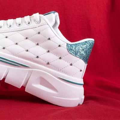 OUTLET Weiße Damen-Sneaker mit grünem Glitzer-Einsatz Jemen - Schuhe