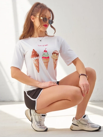Royalfashion Damen Sportset mit T-Shirt und Shorts Eiscreme
