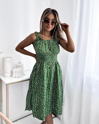 Knielanges Damenkleid mit Print in Dunkelgrün- Kleidung