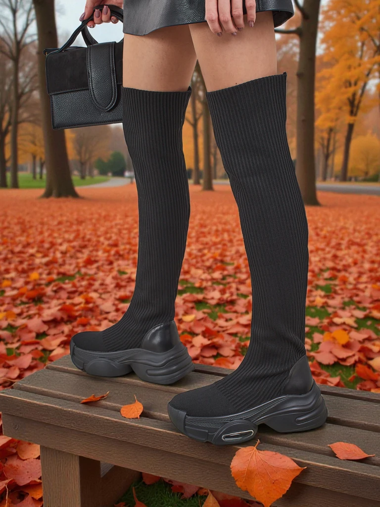 Lange Damen Schlupf-Overknee-Stiefel mit dicker Sohle Ravmora