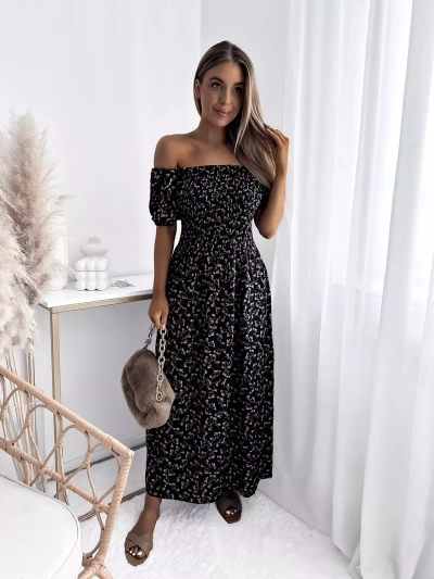 Geblümtes schwarzes Damen Midikleid - Kleidung