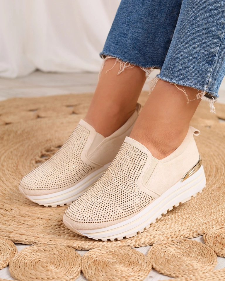 Royalfashion Beige Damen Plateau-Sneakers mit Zirkonen Scavli