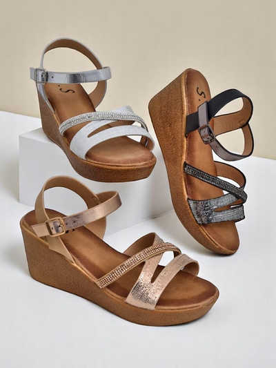 Royalfashion Damen Wedge-Sandalen mit Strass und Glitzer Eclat