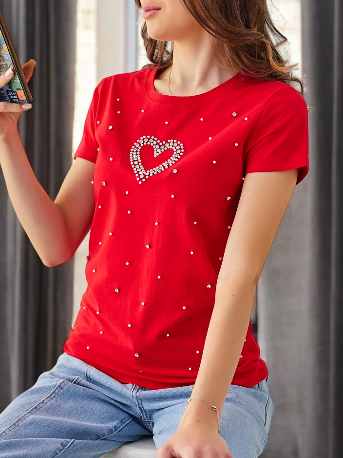 Royalfashion Damen Baumwoll-T-Shirt mit Perlenherz