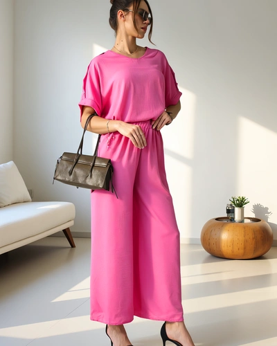 Royalfashion Damen Freizeitset mit einer Bluse mit kurzen Ärmeln und weiten Hosen