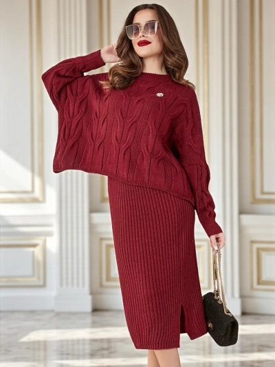 Royalfashion Acrylgeflochtenes Damen-Set mit Pullover und Rock Warm&Fuzzy