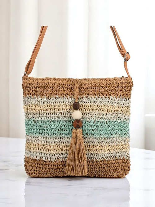 Royalfashion Маленька жіноча солом'яна сумка в смужку з підвіскою Mini