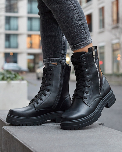 Schwarze Damen Baggerstiefel mit flachem Absatz Fetisa - Footwear