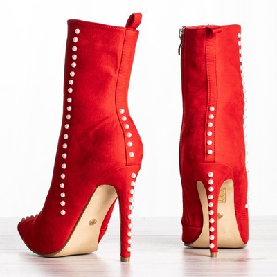 Rote Stiefel mit höherem Absatz und Sinini-Perlen - Schuhe
