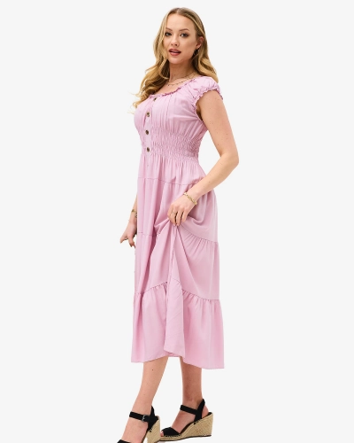 Lila langes trägerloses Damenkleid mit dekorativen Knöpfen- Kleidung