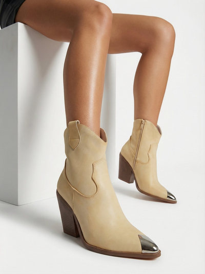 Damen Cowboy-Stiefel mit Absatz und dekorativer Spitze Fang Glacier