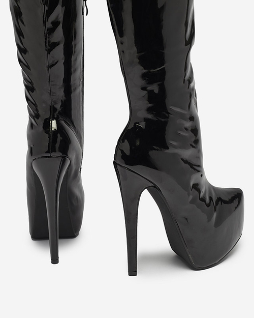 Жіночі лаковані чоботи вище коліна чорного кольору Leccie- Footwear