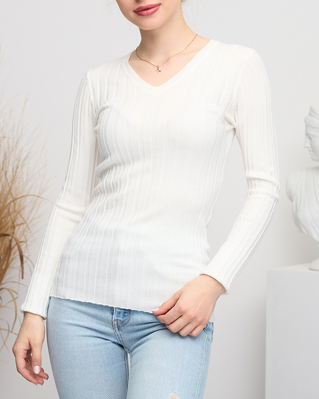 Weißer Damenpullover mit V-Ausschnitt - Kleidung