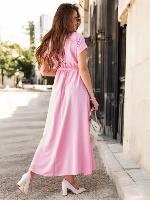 Royalfashion Жіноча міді-сукня з об'ємним вирізом, короткими рукавами та поясом