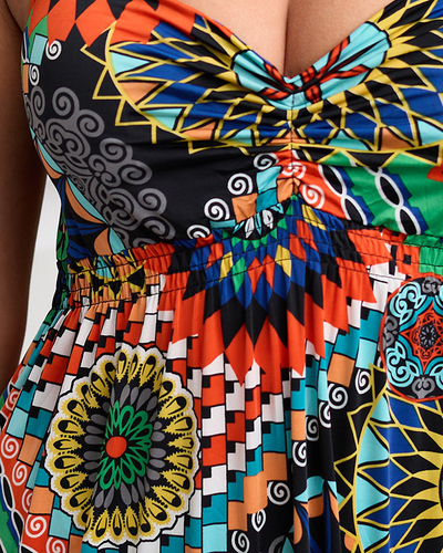 Orangefarbenes Midikleid mit buntem geometrischem Muster - Bekleidung