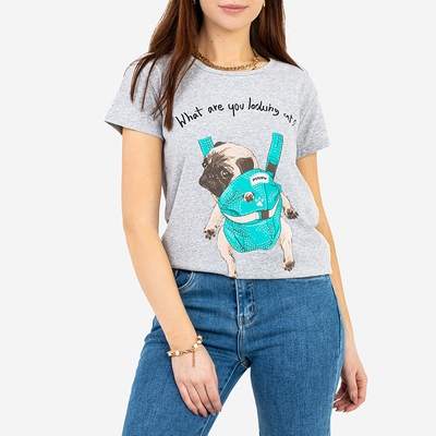 Graues Damen-T-Shirt mit farbigem Aufdruck - Kleidung