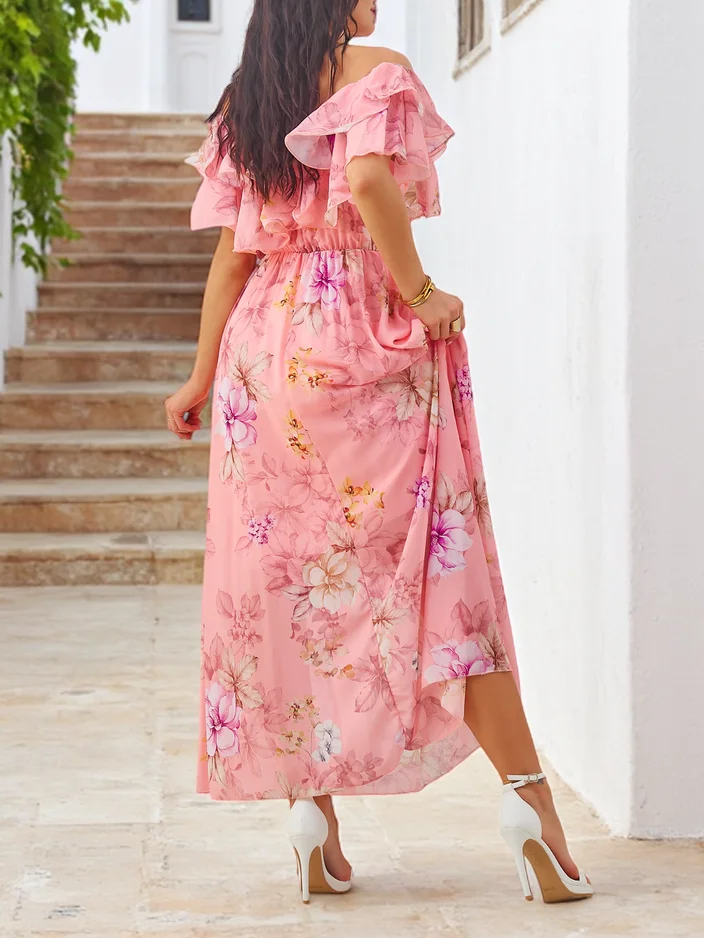 Royalfashion Damen Oberteil Kleid mit kurzen Ärmeln in gemusterten Blumen