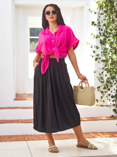 Royalfashion Damen gewobener Midirock, sommerlich und fließend mit zwei Taschen