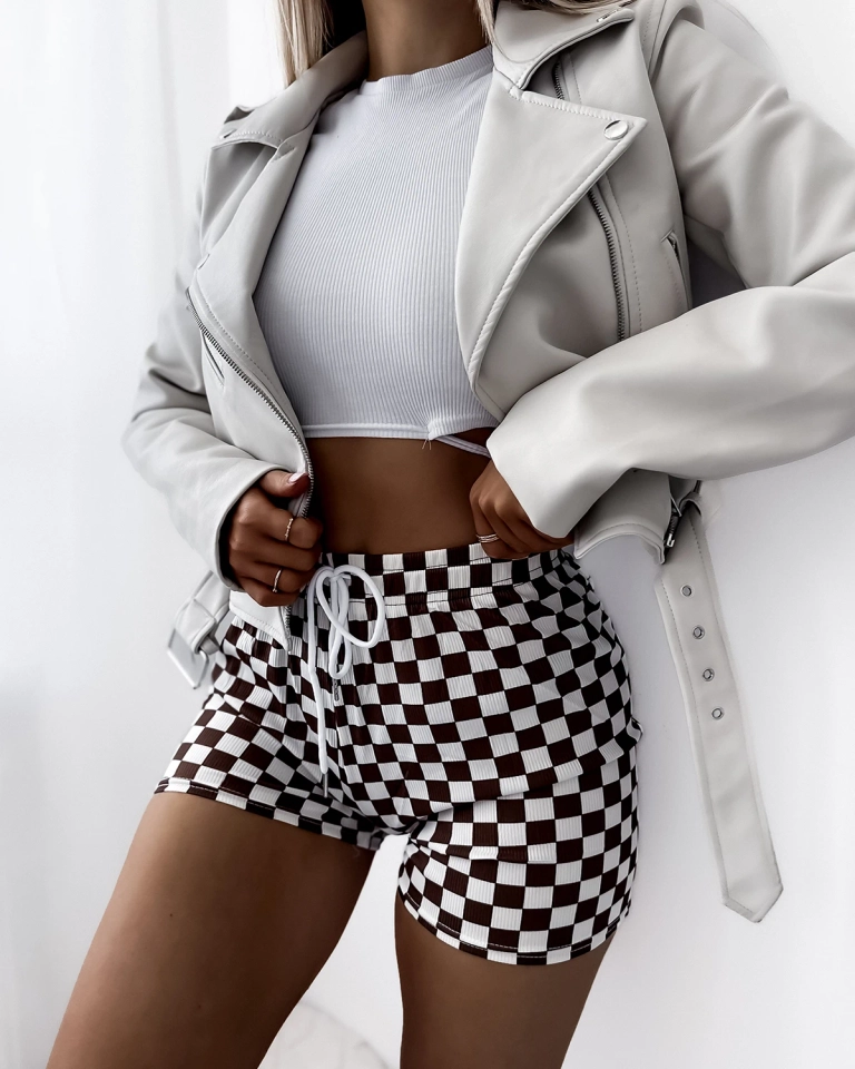 Braun-weiß karierte Shorts für Damen PLUS SIZE- Kleidung