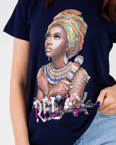 Marineblaues Damen-T-Shirt mit buntem Aufdruck und Pailletten - Kleidung