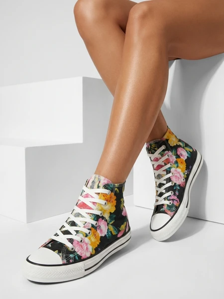Royalfashion Damen hohe graphitfarbene Sneakers mit bunten Blumen bedruckt Fahenna