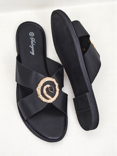 Royalfashion Damen Pantoletten mit flacher Sohle Golden Step