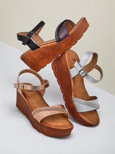 Royalfashion Damen-Wedgesandalen mit Strasssteinen und Glitzer Aurora Glow