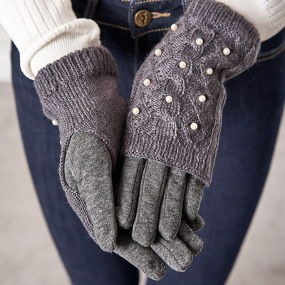 Dunkelgraue Damenfäustlinge mit Perlen - Fäustlinge