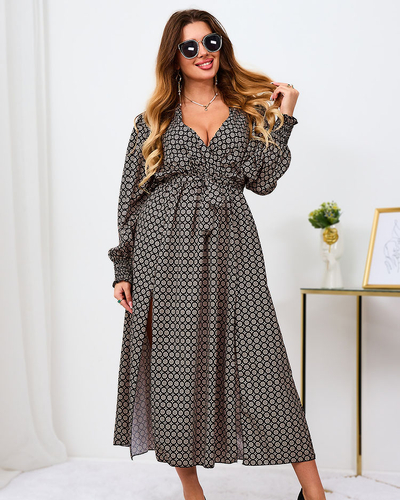 Royalfashion Beige und schwarz gemustertes Damen-Maxikleid