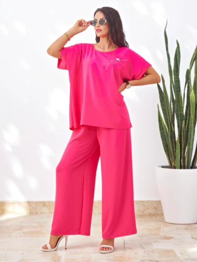 Royalfashion Damen Set mit kurzen Ärmeln, dekorativer Blume und weiten Hosen
